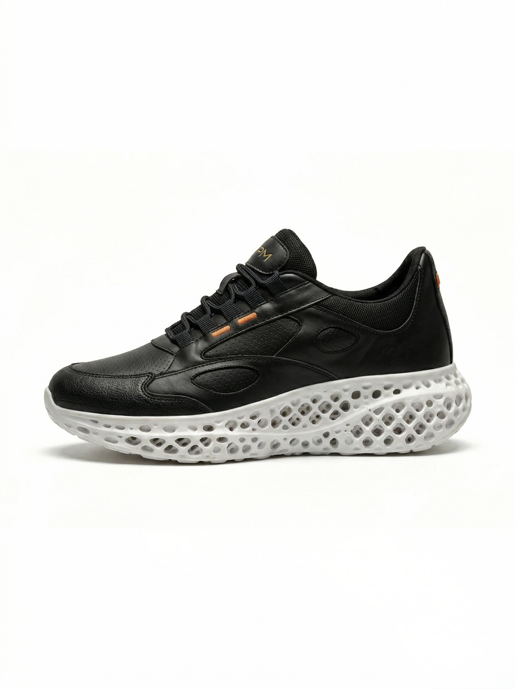 Black and white 3D-printed leather sneaker side view