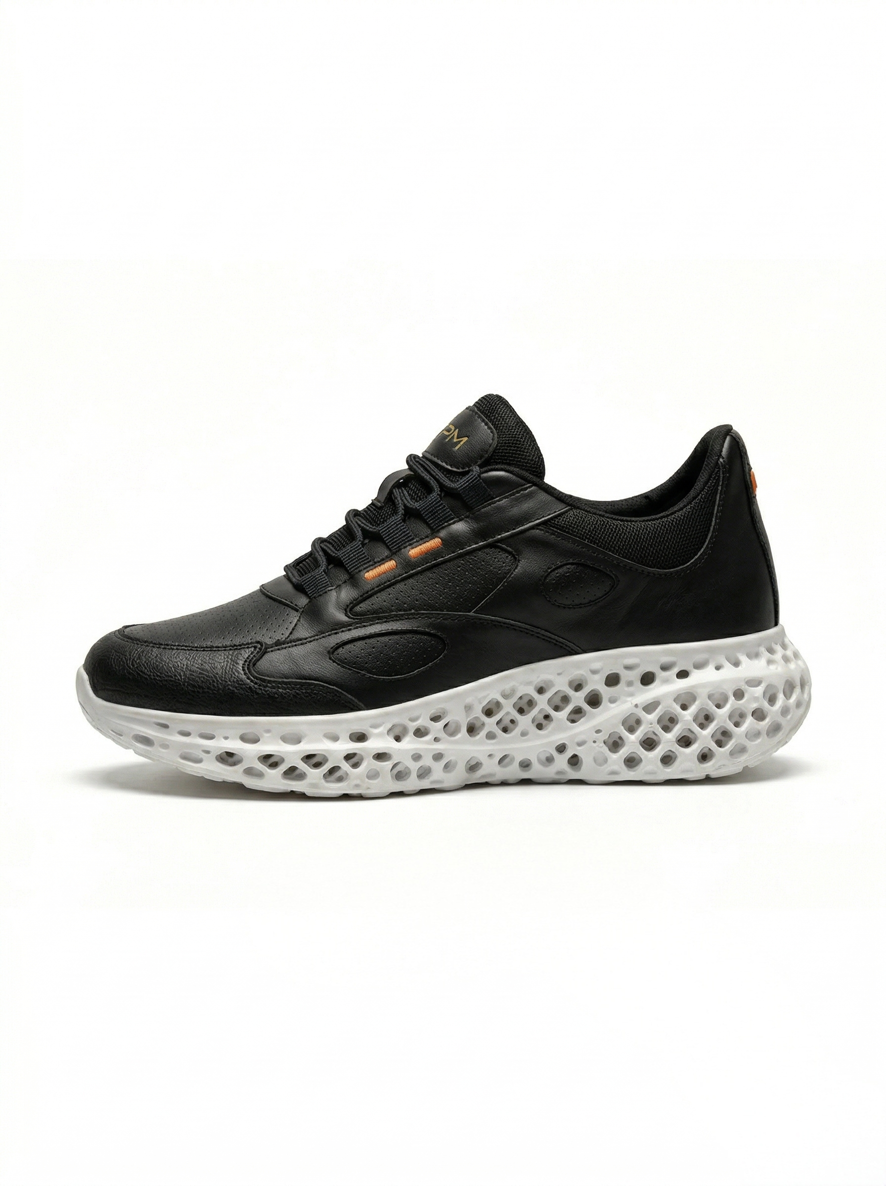 Black and white 3D-printed leather sneaker side view