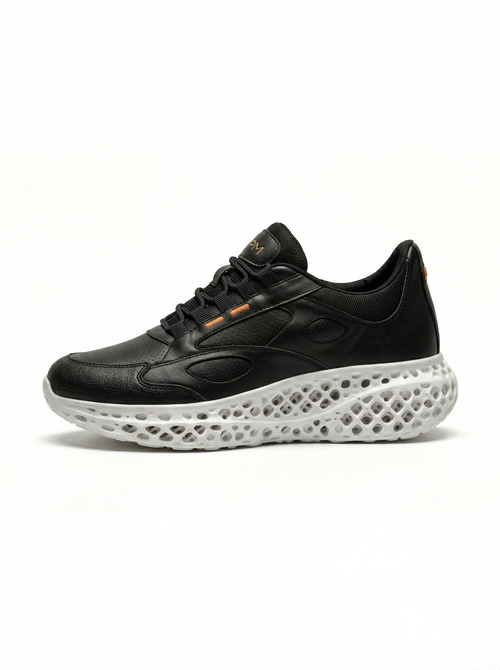 Black and white 3D-printed leather sneaker side view