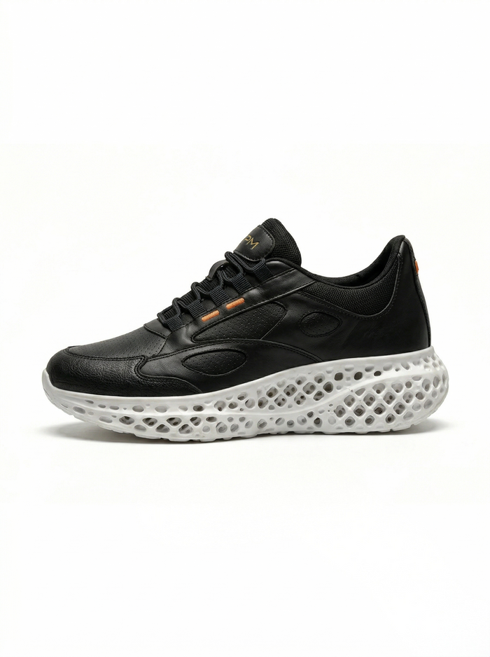 Black and white 3D-printed leather sneaker side view