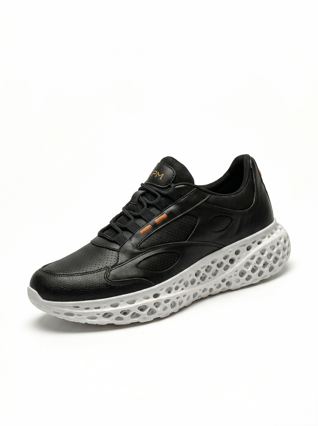 Black and white 3D-printed leather sneaker three-quarter view