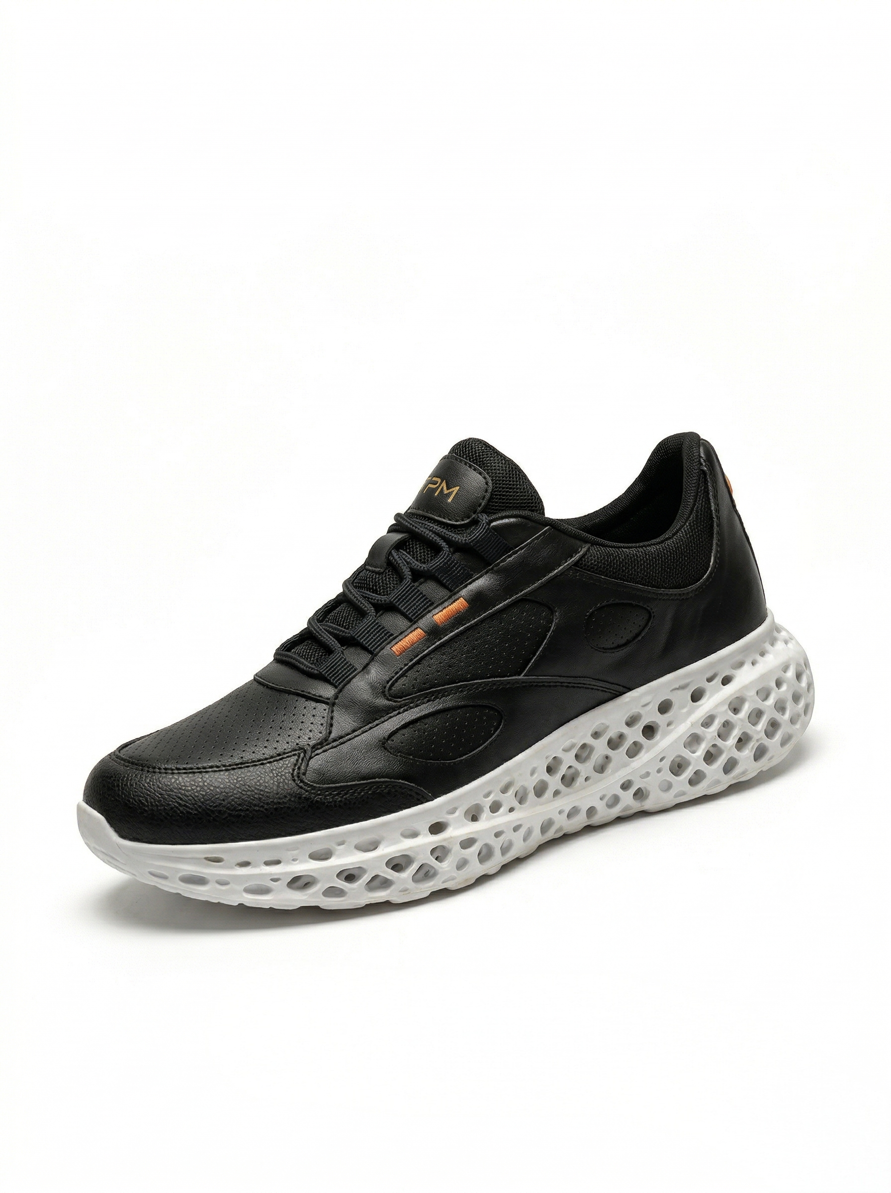 Black and white 3D-printed leather sneaker three-quarter view