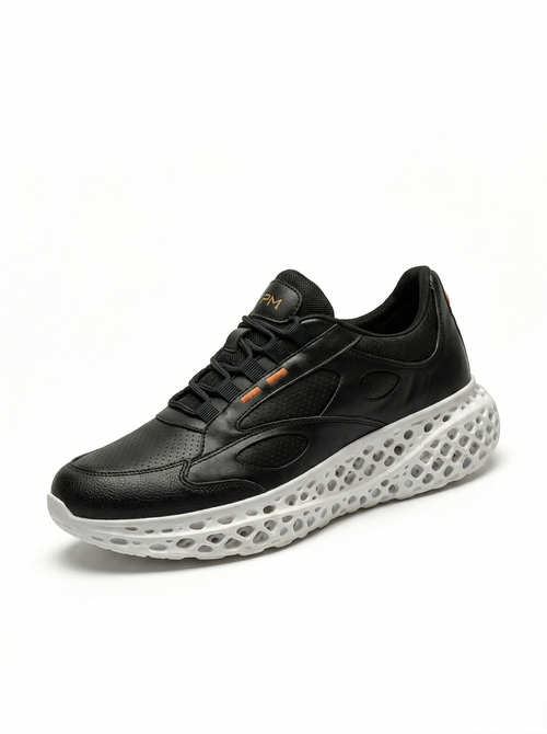 Black and white 3D-printed leather sneaker three-quarter view