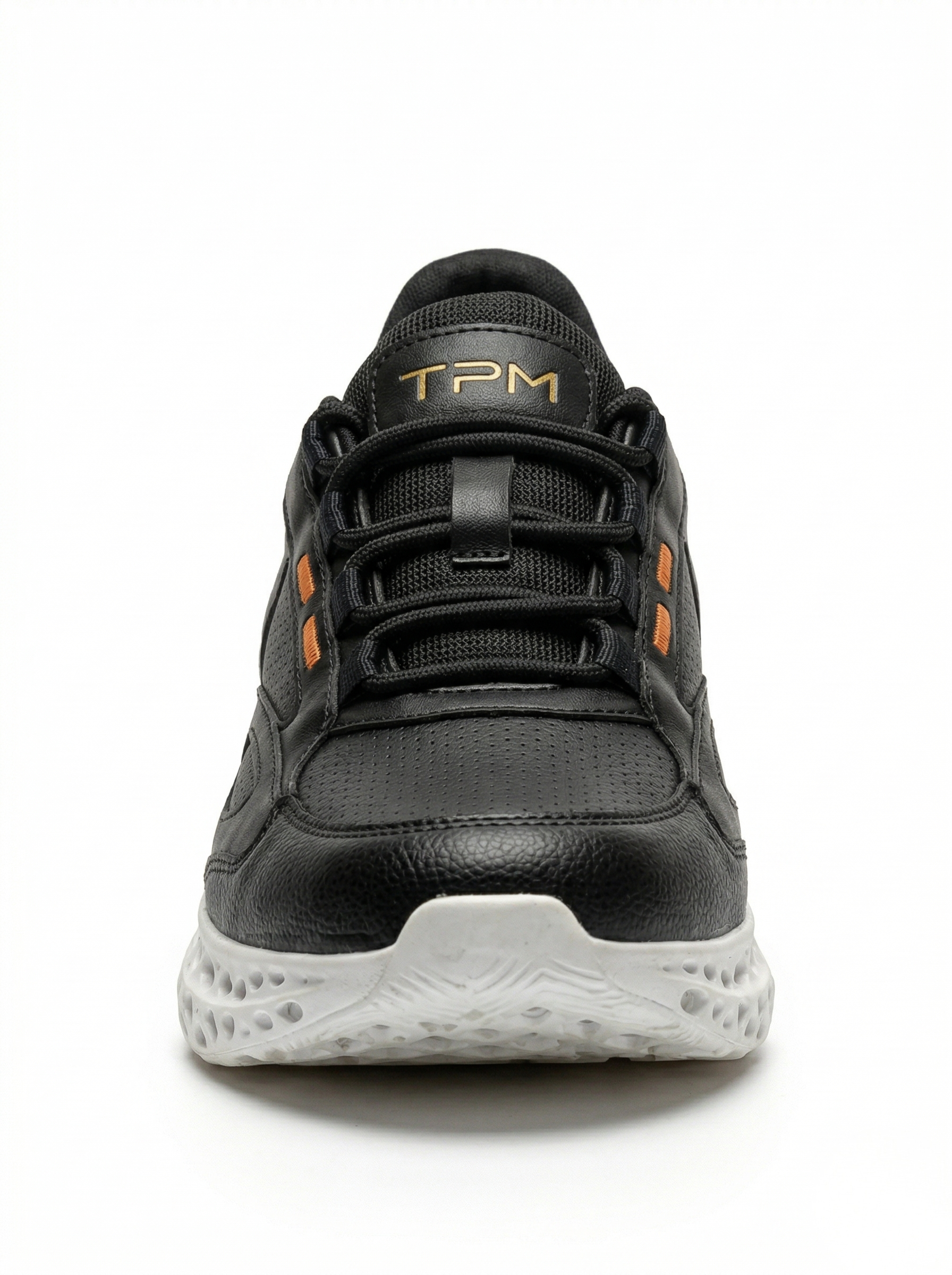 Black and white 3D-printed leather sneaker front view