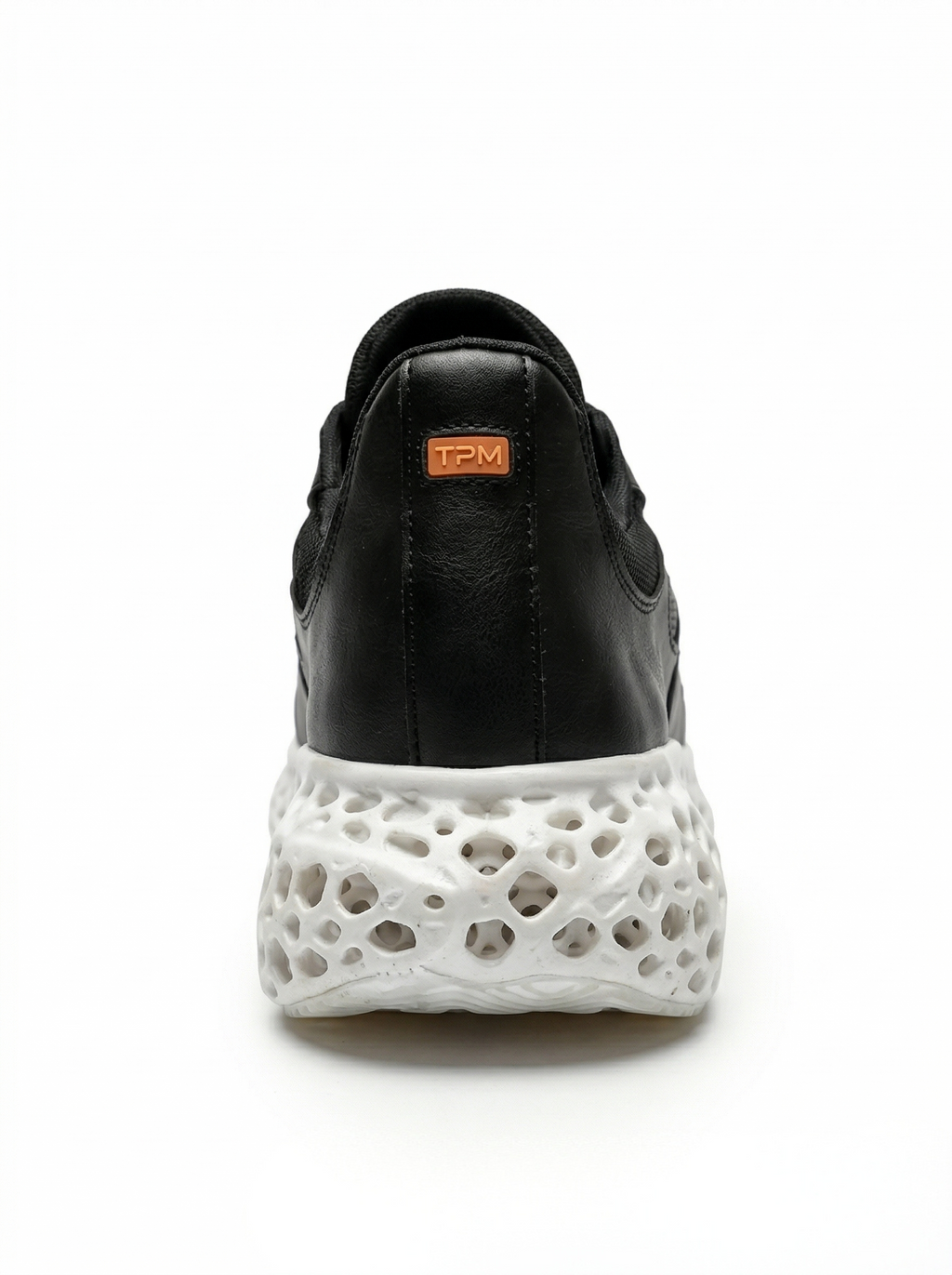 Black and white 3D-printed leather sneaker rear view