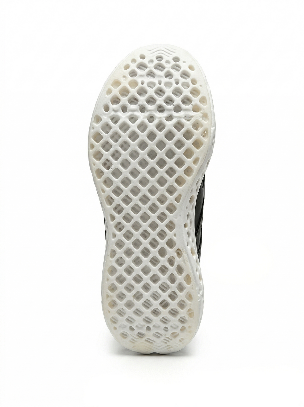 Black and white 3D-printed leather sneaker outsole view