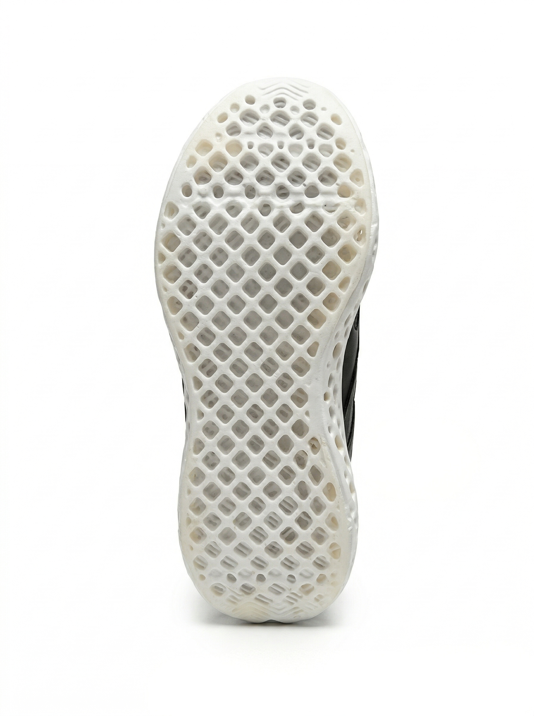 Black and white 3D-printed leather sneaker outsole view
