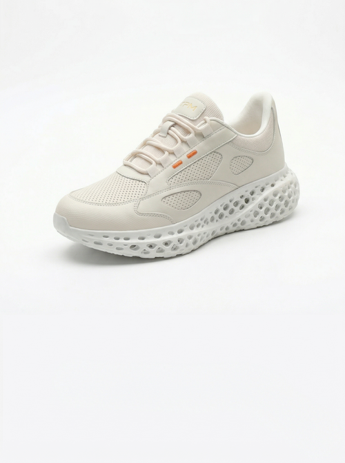 Beige and white 3D-printed leather sneaker three-quarter view
