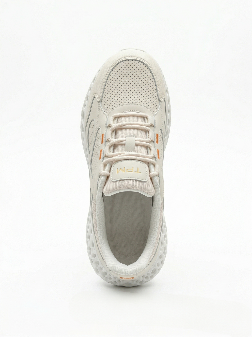 Beige and white 3D-printed leather sneaker top view