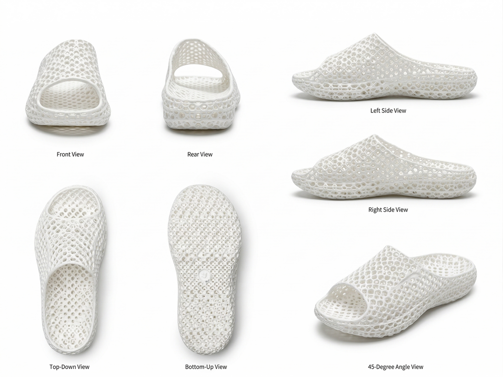 White one-piece SLS 3D-printed TPU slide multi-angle view