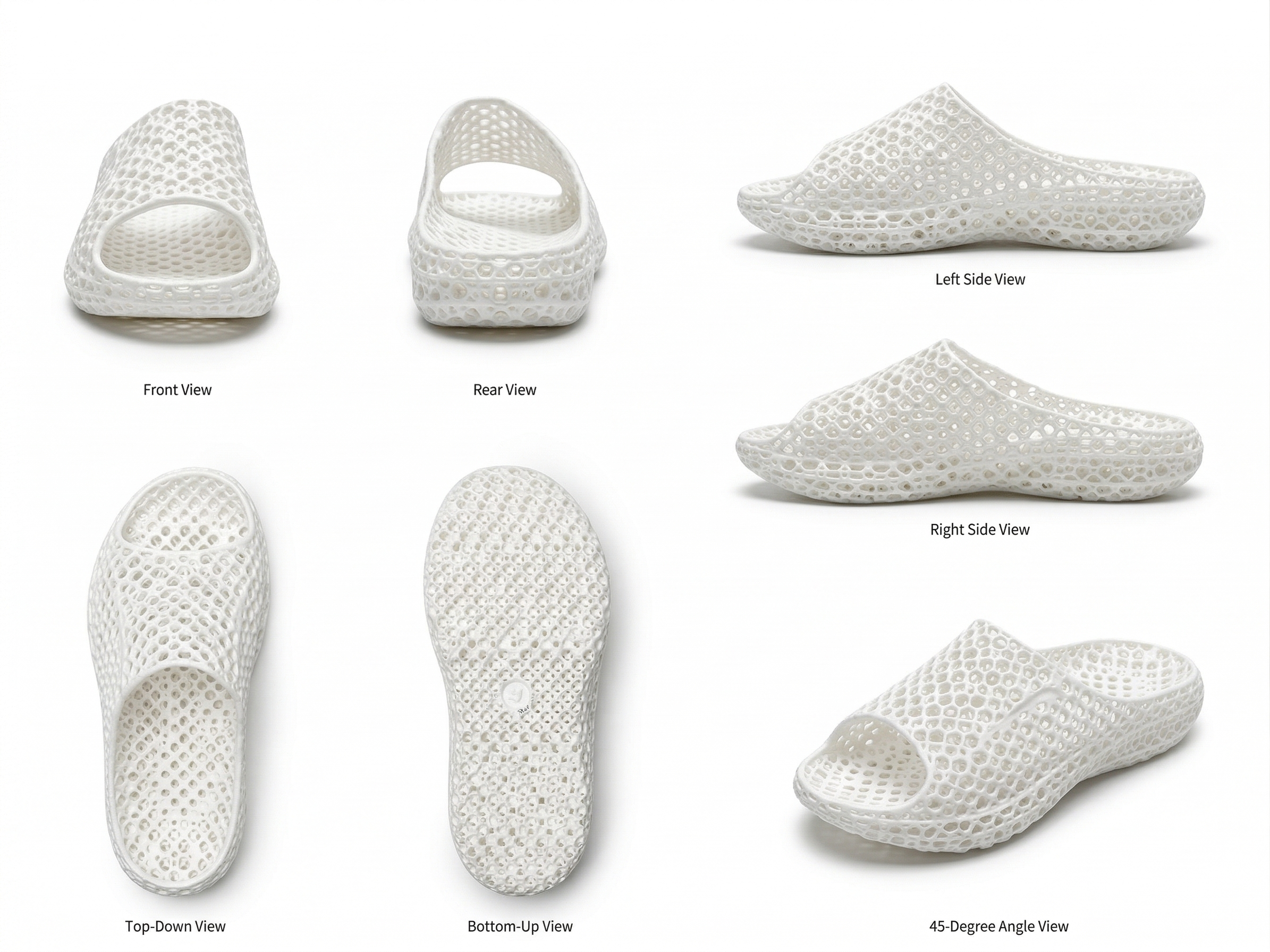 White one-piece SLS 3D-printed TPU slide multi-angle view