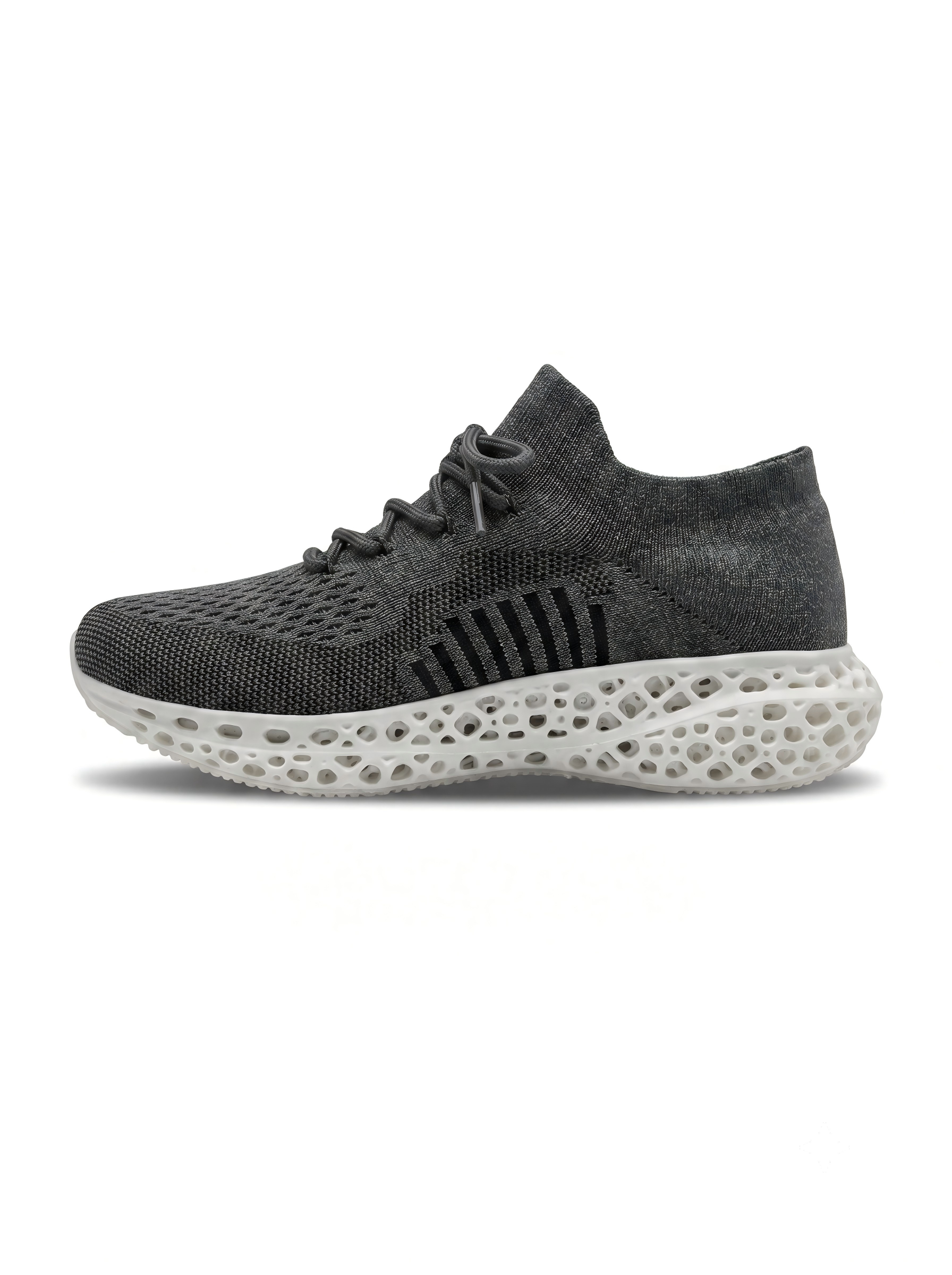 Black gray and white 3D-printed knit sneaker side view