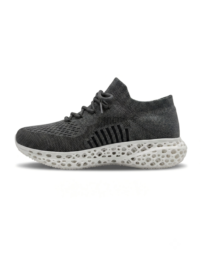 Black gray and white 3D-printed knit sneaker side view